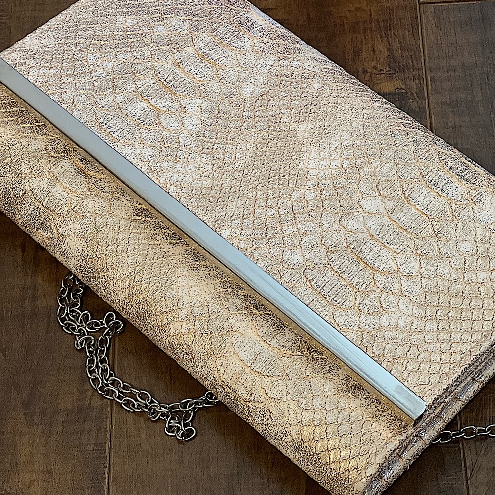 Faux snakeskin metallic gold and silver sheen hard large clutch